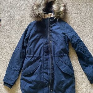 Abercrombie & Fitch Navy Hooded Puffer Parka with Faux Fur Trim